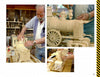 A man assembles “Carving an 1880s Western Train” by Schiffer Publishing, Ltd. in his workshop, using glue and tools. Close-ups reveal intricate craftsmanship and unique woodcarving details from various angles of this detailed model.
