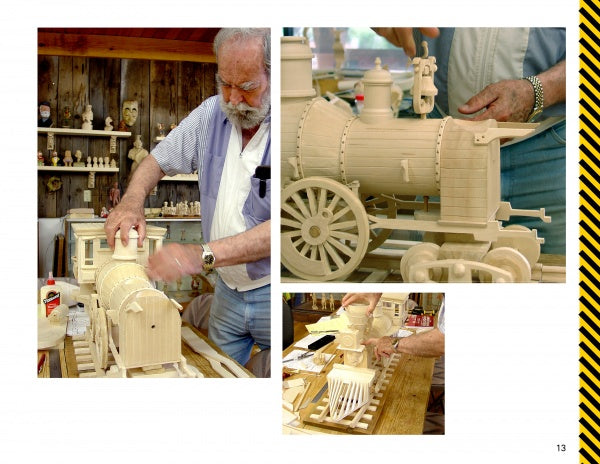 A man assembles “Carving an 1880s Western Train” by Schiffer Publishing, Ltd. in his workshop, using glue and tools. Close-ups reveal intricate craftsmanship and unique woodcarving details from various angles of this detailed model.