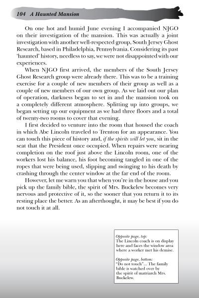 A page from Ghosts of Central New Jersey by Schiffer Publishing, Ltd. details a mansion ghost investigation by South Jersey Ghost Research, with a featured quote and commentary on a displayed wall plaque.