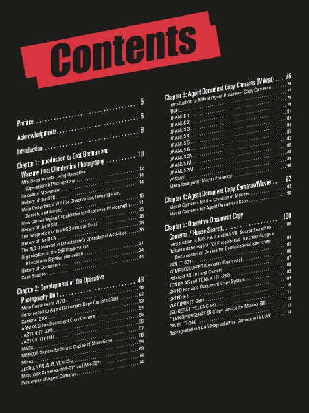 The contents page of "The Secret History of STASI Spy Cameras" by Schiffer Publishing, Ltd. has section titles and page numbers angled on a black background, with bold red and white "Contents" above topics like photography, cameras, Cold War spy cameras, and document copying.