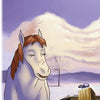 A smiling cartoon horse stands by a snowy wooden fence, looking at a small purple mouse, evoking the whimsical world of Schiffer Publishing, Ltd.'s children's book, "The Tale of Strawberry Snow.