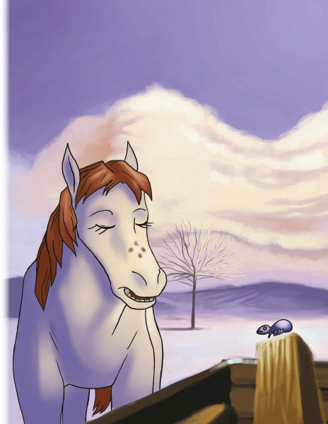 A smiling cartoon horse stands by a snowy wooden fence, looking at a small purple mouse, evoking the whimsical world of Schiffer Publishing, Ltd.'s children's book, "The Tale of Strawberry Snow.