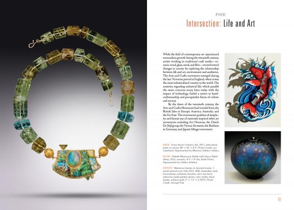A page spread from “Intersection” by Schiffer Publishing, Ltd. shows a beaded necklace on the left and three contemporary art pieces—a koi fish painting and a decorative round vessel—on the right, under “Intersection: Art and Life.”.