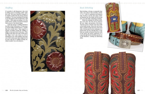 A close-up from "The Art of Leather Inlay and Overlay" by Schiffer Publishing, Ltd. showcases detailed leather boots and belts, featuring colorful floral and geometric patterns that highlight fine leather craftsmanship.