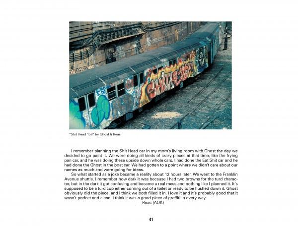 The book "New York Subway Graffiti" by Schiffer Publishing, Ltd. showcases vintage graffiti art on subway trains amid urban tracks and concrete walls, capturing scenes reminiscent of rare photographs of the NYC subway.