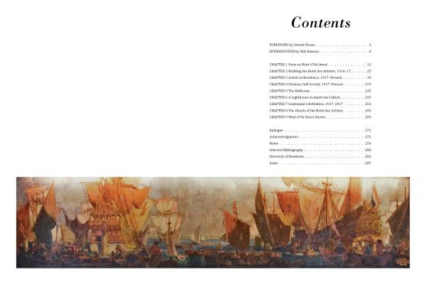 The Schiffer Publishing, Ltd. book "Manhattan's Hotel des Artistes" features a table of contents on white, above a painting of old sailing ships in a bustling harbor, capturing the spirit of West 67th Street’s vibrant art scene.