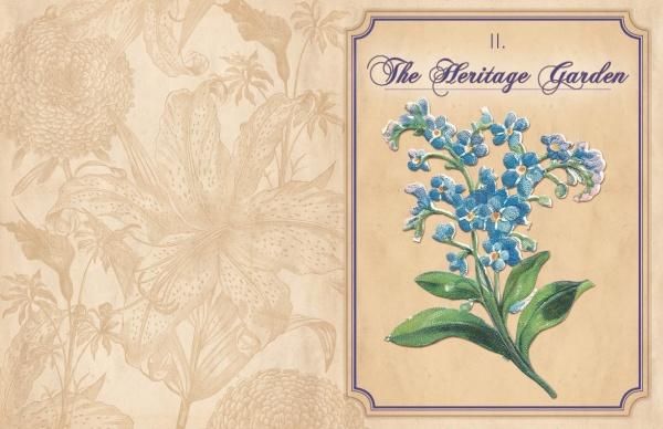 A vintage-style illustration features blue forget-me-not flowers with green leaves on beige. "Heritage Gardens" appears in elegant script, celebrating heirloom seeds from Schiffer Publishing, Ltd., with faint floral patterns in the background.