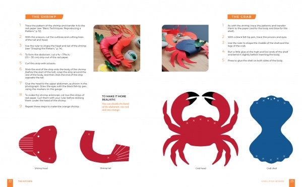 Paper Joy for Every Room by Schiffer Publishing, Ltd. is a how-to guide with step-by-step directions and colored cutout templates to make paper shrimp and crab models—ideal for DIY crafts or creative home décor.