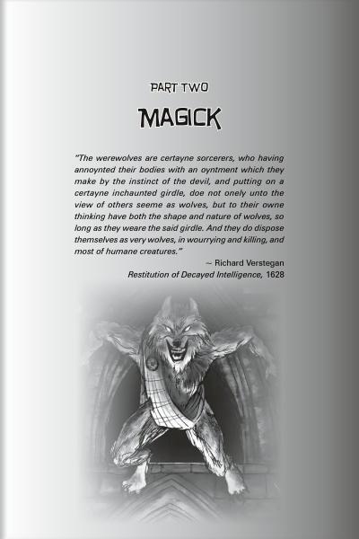 A page titled “Part Two: Magick” in Schiffer Publishing’s Werewolves features a lycanthropy quote and a black-and-white illustration of a menacing wolf-headed, muscular humanoid with claws, fangs, and a tattered loincloth.