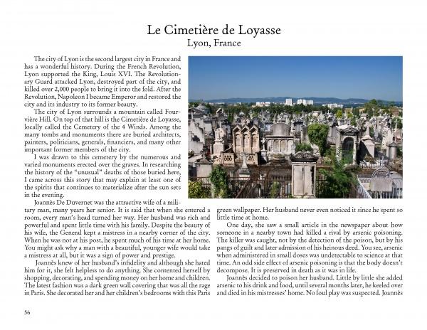 A two-page spread in "Ghosts in the Cemetery II" by Schiffer Publishing, Ltd. features text on Le Cimetière de Loyasse, Lyon, France, with a color photo of ornate tombs and monuments set against city buildings.