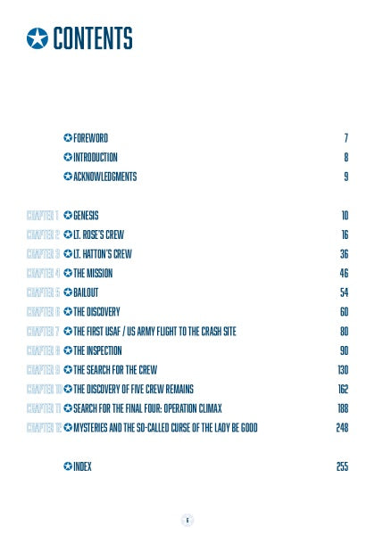 The Table of Contents in No Way Out (Schiffer Publishing, Ltd.) lists Foreword, Introduction, Acknowledgments, chapters on the B-24 Liberator Lady Be Good WWII bomber mystery, crew, mission, Libyan Desert crash, and an index on page 255.