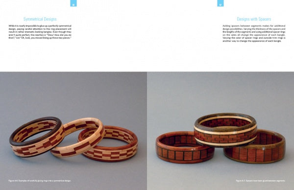 A book spread from "Turning Segmented Wooden Bangles on the Wood Lathe" by Schiffer Publishing, Ltd. shows four symmetrically patterned wooden bangles on the left, and four with square and rectangular inlays on the right.