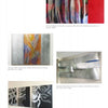 A page in "100 Artists of the Mid-Atlantic" by Schiffer Publishing, Ltd. shows four vibrant abstract artworks with wavy lines and layered textures. Captions detail materials like canvas, acrylic, mesh, and aluminum, plus their dimensions.