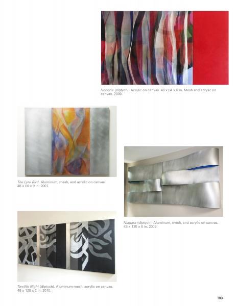 A page in "100 Artists of the Mid-Atlantic" by Schiffer Publishing, Ltd. shows four vibrant abstract artworks with wavy lines and layered textures. Captions detail materials like canvas, acrylic, mesh, and aluminum, plus their dimensions.