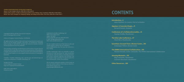 The table of contents for "When Makers Meet" by Schiffer Publishing, Ltd. features a teal background with yellow and white text, listing sections like Introduction, Algeria: A Concrete Utopia, Confessions of a Collaborative Junkie, and more with page numbers.