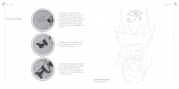 A grayscale spread from "Dot Drawing" by Schiffer Publishing, Ltd. shows three stippled circular insect wing images with text on the left, and a large, faint beetle, eye symbol, and rose illustration on the right page.