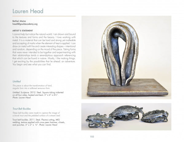 A page from Schiffer Publishing, Ltd.'s "Ironwork Today 4" features metal sculpture by Lauren Head, with a main image of an abstract silver piece and, below it, two organic-textured silver belt buckles.