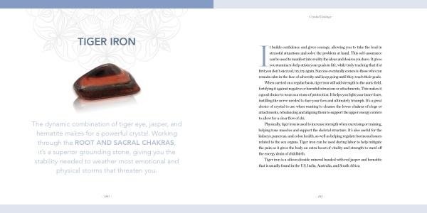 A book spread from "Crystal Rhythms" by Schiffer Publishing, Ltd. shows a polished tiger iron stone with descriptive text on the left page, and crystal healing insights amid ornate floral graphics on the right.