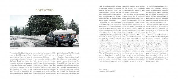 A truck with colorful graphics and a canopy drives on snowy, pine-lined back roads in Northern California. On the left page of "Back Roads of Northern California" by Schiffer Publishing, Ltd., is the image; the right page has a foreword on white.