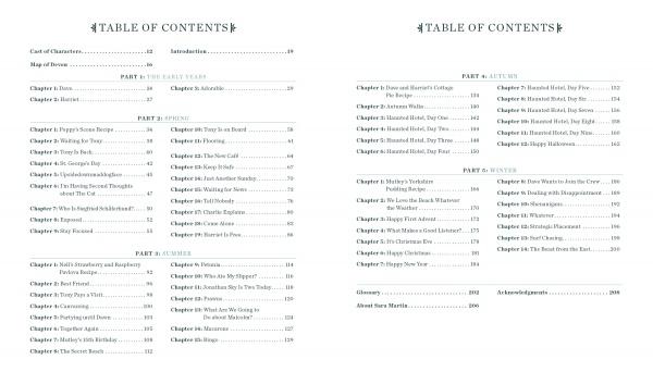 The table of contents spans two pages in two columns, listing chapters from "Conversations with Nell" by Schiffer Publishing, Ltd., starring black Labrador Nell in Devon, England, under sections Part I-V, plus introduction, maps, cast, and afterword.