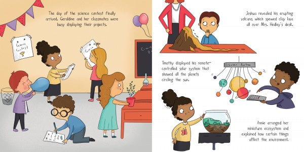 In a classroom decorated with balloons and banners, young inventors present volcanoes, solar system models, and ecosystems at a science contest—just like in "Geraldine and the Most Spectacular Science Project" from Schiffer Publishing, Ltd.