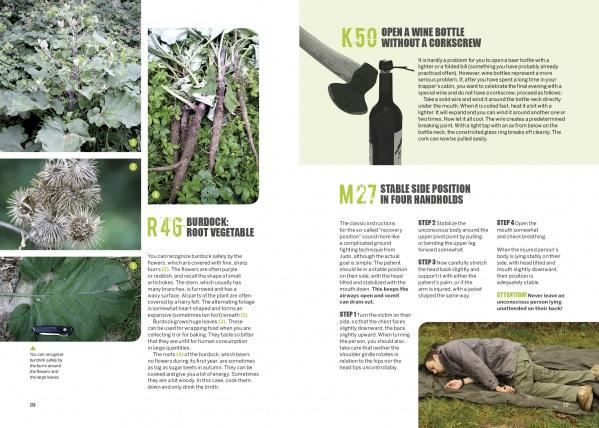 A magazine spread on wilderness skills showcases foraging wild plants, a wine bottle opening hack, outdoor survival tips, and marksmanship stances—all featured in The Global Outdoor Survival Guide by Schiffer Publishing, Ltd.
