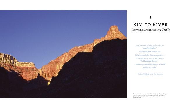 A rocky, sunlit peak towers over deep shadows in the Grand Canyon beneath a clear blue sky; on the right, text reads “In the Chasms of Water, Stone, and Light”—a new release from Schiffer Publishing, Ltd. celebrating canyon exploration.