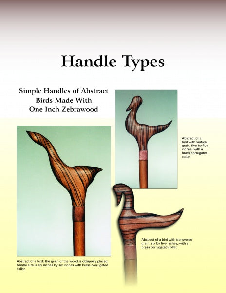 Three Sculpting Cane Handles by Schiffer Publishing, Ltd. are displayed on a gradient background. Each features an abstract bird shape with distinct curves, visible wood grain, and a brass corrugated collar—ideal for cane making.