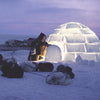 A person in a fur hooded coat stands beside the glowing "Igloo" by Schiffer Publishing, Ltd. on snowy ground at dusk, showcasing contemporary igloo design with sled dogs resting nearby.