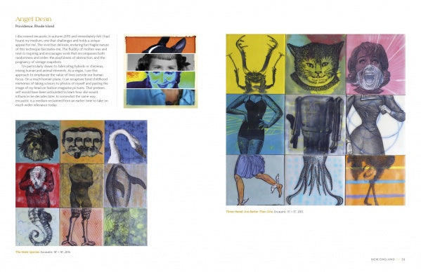 A magazine spread showcases profiles from *Encaustic Art in the Twenty-First Century* by Schiffer Publishing, Ltd., featuring vibrant, surreal mosaics of animal-human hybrids in twelve square panels on white backgrounds. Artist info is in the upper left.