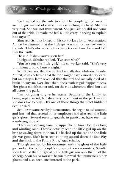 A page from "Ghosts of Greater Los Angeles" by Schiffer Publishing, Ltd. features dialogue about a mysterious girl spotted on a haunted Universal Studios ride, as co-workers recount eerie experiences with a possible ghostly presence.