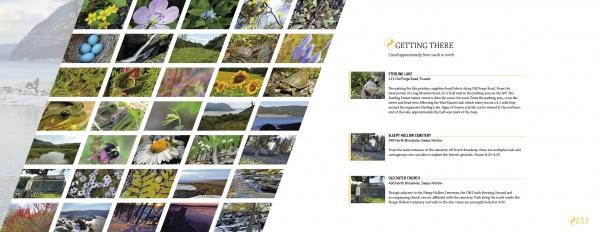 A grid of small photos from "Hudson Valley Reflections" by Schiffer Publishing, Ltd. shows local wildlife, flowers, and landscapes. Right-side text offers travel guide details and directions to a natural site titled “Getting There.”.