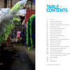 A person stands among colorful feathered costumes, reflecting Philadelphia’s vibrant craft scene. To the right, a white page from Schiffer Publishing’s *Craft Capital* displays a blue Table of Contents header and chapter listings with page numbers.