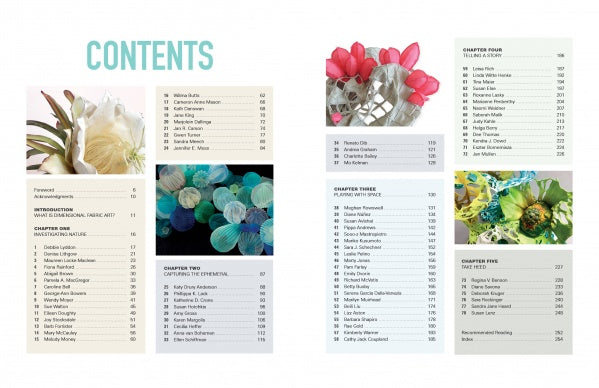 The table of contents in Dimensional Cloth by Schiffer Publishing, Ltd. spans two pages with colorful textile sculpture-inspired fabric flowers on the margins, listing chapters, section titles, and page numbers in organized columns.