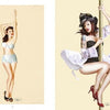 Bombshell by Schiffer Publishing, Ltd. features two vintage pin-up illustrations: one of a woman in white retro lingerie and heels, the other of a woman in a firefighter hat and corset, both celebrating classic glamour.