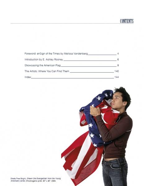 A person wraps themselves in the American flag and looks upward—a striking example of flag art from Stars & Stripes by Schiffer Publishing, Ltd. At left, a minimalistic table of contents appears against a white background.