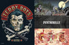 The Rockabilly/Psychobilly collage from Schiffer Publishing, Ltd. features a pompadoured zombie, cartoon graveyard monsters, "PSYCHOBILLY" on leather, and dancing foods with instruments, embodying wild lowbrow artistry.