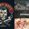 The Rockabilly/Psychobilly collage from Schiffer Publishing, Ltd. features a pompadoured zombie, cartoon graveyard monsters, "PSYCHOBILLY" on leather, and dancing foods with instruments, embodying wild lowbrow artistry.
