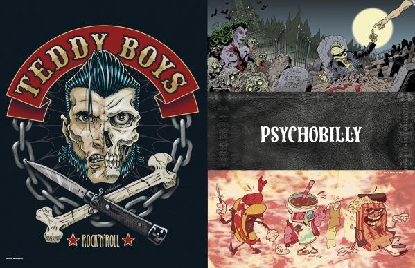 The Rockabilly/Psychobilly collage from Schiffer Publishing, Ltd. features a pompadoured zombie, cartoon graveyard monsters, "PSYCHOBILLY" on leather, and dancing foods with instruments, embodying wild lowbrow artistry.