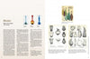 A two-page spread from "Mid-Century Modern Glass in America" by Schiffer Publishing, Ltd. features text, color photos of three glass bottles, and vintage sketches and catalog images of classic American mid-century modern glassware.