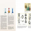 A two-page spread from "Mid-Century Modern Glass in America" by Schiffer Publishing, Ltd. features text, color photos of three glass bottles, and vintage sketches and catalog images of classic American mid-century modern glassware.