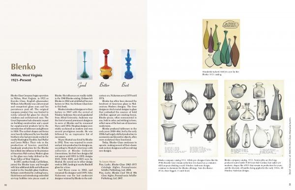 A two-page spread from "Mid-Century Modern Glass in America" by Schiffer Publishing, Ltd. features text, color photos of three glass bottles, and vintage sketches and catalog images of classic American mid-century modern glassware.