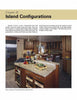 A modern kitchen from Schiffer Publishing, Ltd.'s The Kitchen Guide showcases a granite island with stools and decor. Wooden cabinets and stainless steel appliances complete the look, with text on island configurations featured above.
