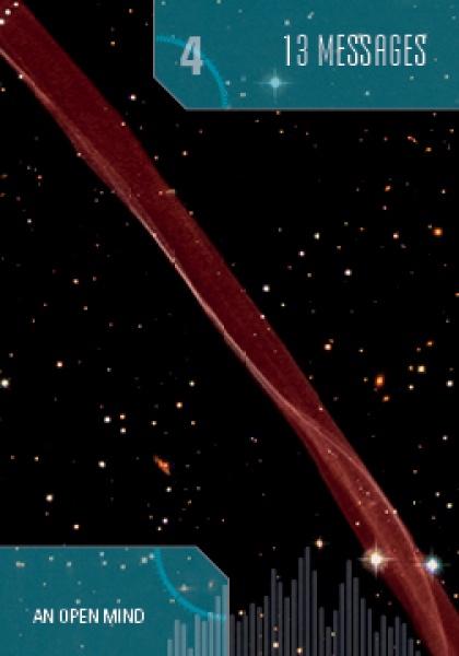 A red diagonal streak crosses a starry space backdrop. Blue panels in the corners show the number 4, 13 MESSAGES, AN OPEN MIND, and an audio wave—evoking First Light Tarot by Schiffer Publishing, Ltd., a 66-card modern divination set.