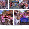 A festive outdoor cycling event with people and dogs in colorful costumes on decorated bikes, set against city streets and trees, captures the Rocky Mountain spirit in "Durango Perspectives" by Schiffer Publishing, Ltd. One dog in purple rides in a bike basket.