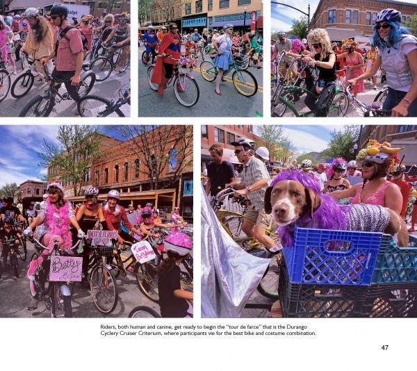 A festive outdoor cycling event with people and dogs in colorful costumes on decorated bikes, set against city streets and trees, captures the Rocky Mountain spirit in "Durango Perspectives" by Schiffer Publishing, Ltd. One dog in purple rides in a bike basket.
