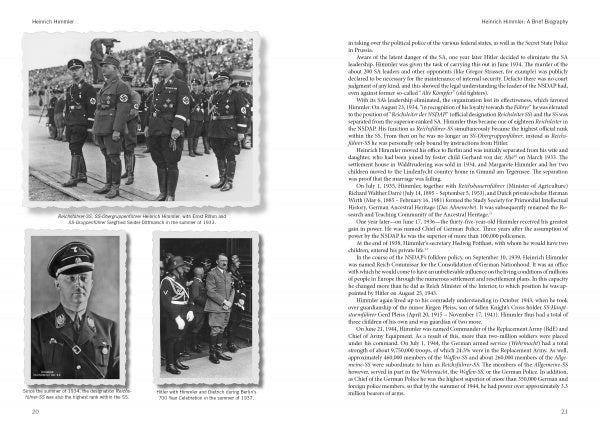 A two-page spread from "Heinrich Himmler" by Schiffer Publishing, Ltd. shows black-and-white photos of Himmler and Waffen-SS officials in uniform, with German captions and English biography text visible.