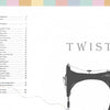 On the left is the table of contents for Twisted by Schiffer Publishing, Ltd., while on the right is a vintage sewing machine illustration with "TWISTED" above it. A pastel border tops the page, evoking vintage quilt fabric charm.