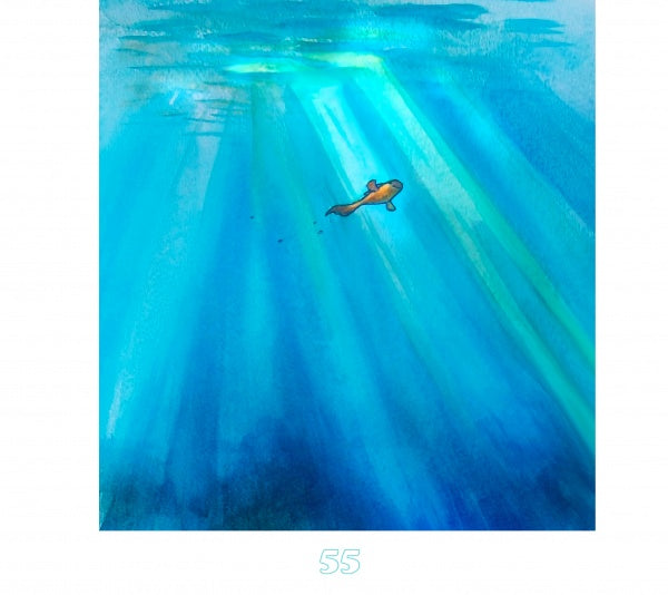 A small fish swims alone in deep blue water, lit by sun rays from above. "Beyond the River" by Schiffer Publishing, Ltd. is a children's adventure book for ages 5-8. The number 55 appears below the image.