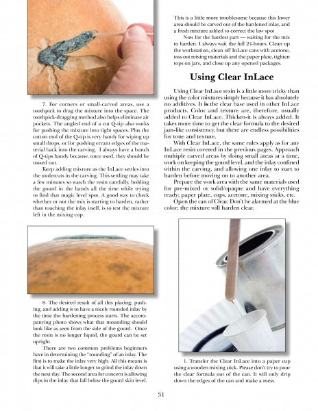 A page from "InLace Techniques" by Schiffer Publishing, Ltd. features step-by-step photo guides and instructions for applying InLace resin inlay—ideal for woodturners and gourd carvers.